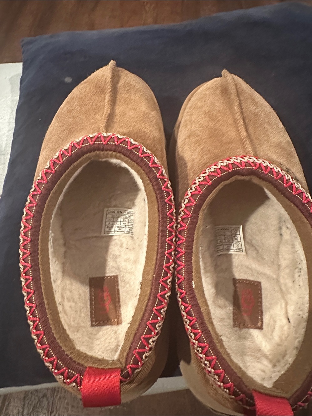 UGG Chestnut Suede Shearling Mule with Red Accent Trim - Picture 5 of 5